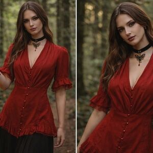 Chic Scarlet Blouse with Ruffle Trim